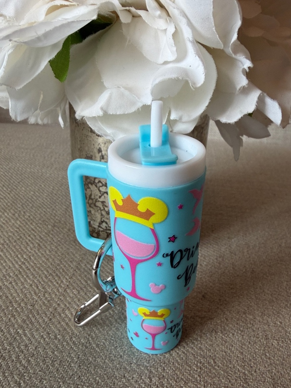 “Drinking Beauty” Blue Mini Tumbler Crown Lip Balm Holder Keychain